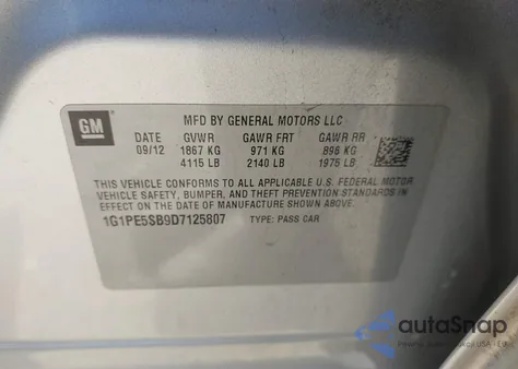 2013 Chevrolet Cruze 2Lt Auto from USA, damaged, VIN 1G1PE5SB9D7125807